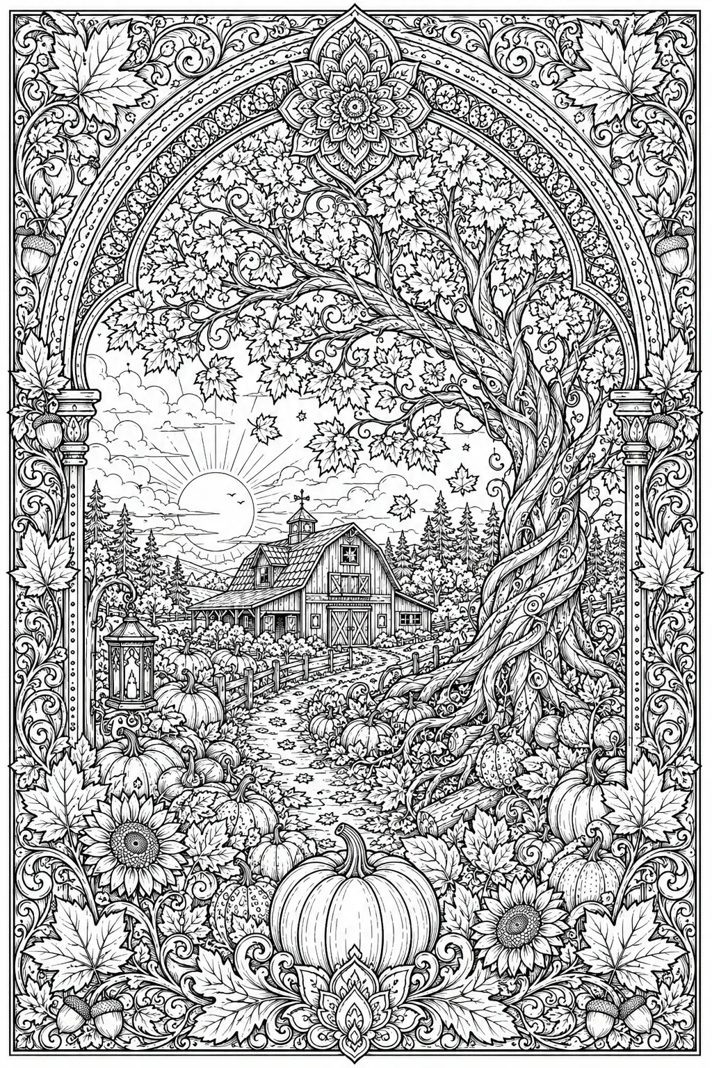 A detailed coloring page of an autumn farmhouse scene with pumpkins, sunflowers, a twisting tree, and an ornate border.