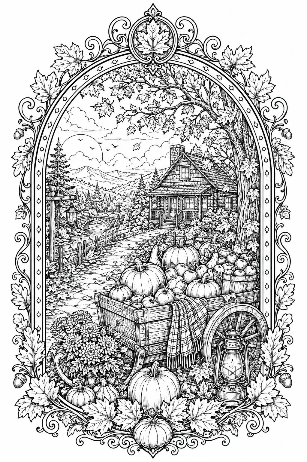 A coloring page shows an autumn farmhouse landscape with pumpkins, a lantern, a cottage, and an ornate leaf border.