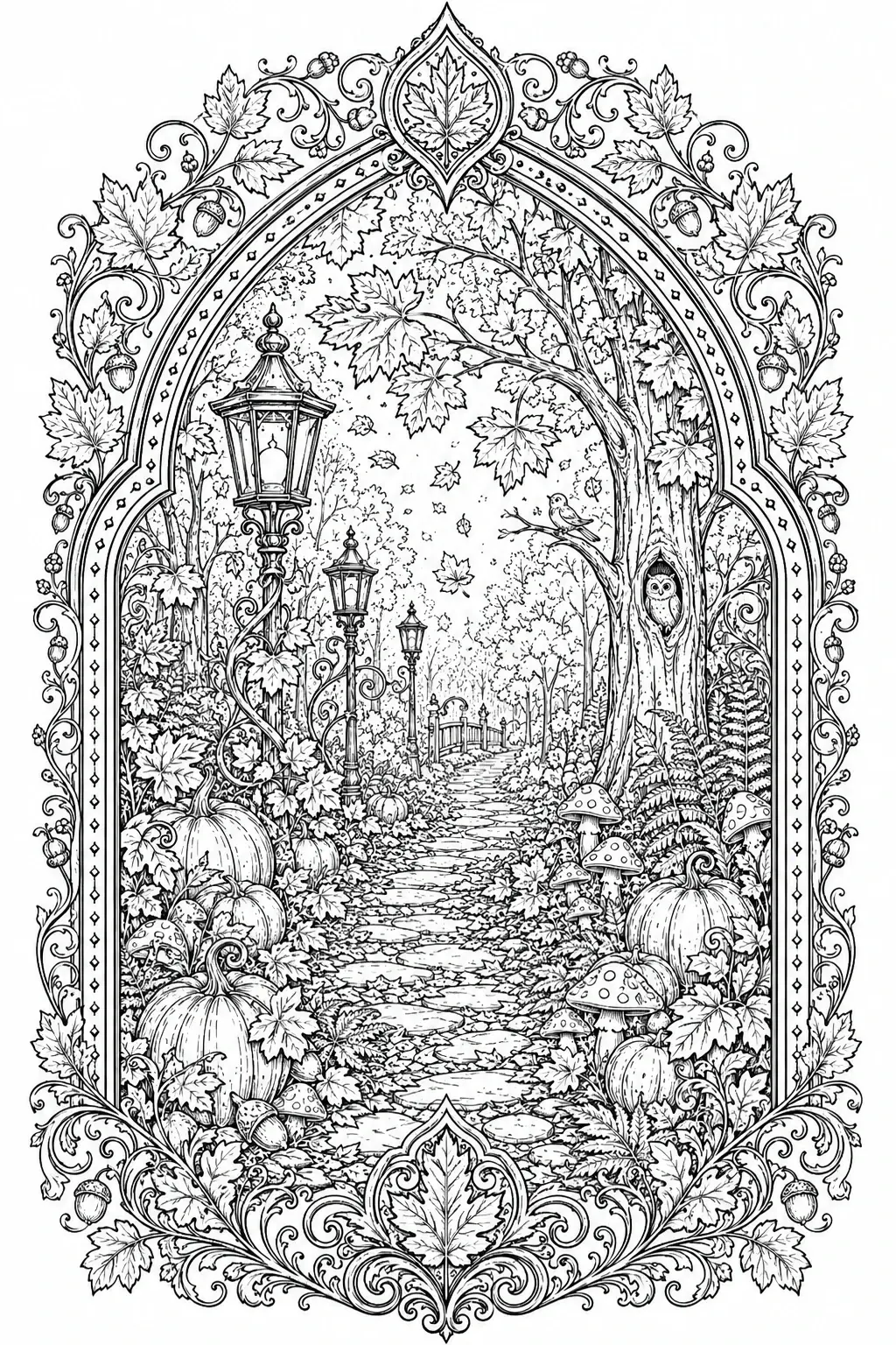 A coloring page showing an ornate autumn forest path with pumpkins, mushrooms, lanterns, and an owl in a tree.
