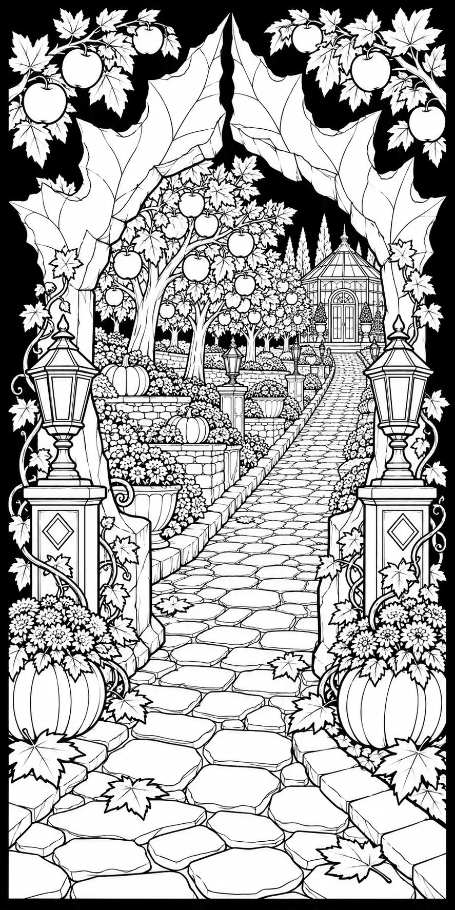 A black-and-white coloring page shows a stone garden path with pumpkins, lanterns, leafy branches, and a gazebo.