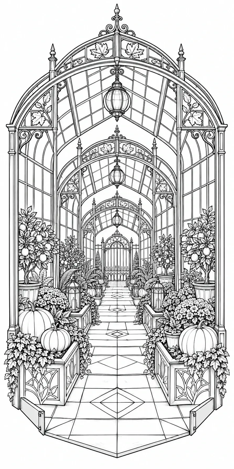 A black-and-white coloring page shows an autumn glasshouse corridor with pumpkins, hanging lanterns, and leafy plants.