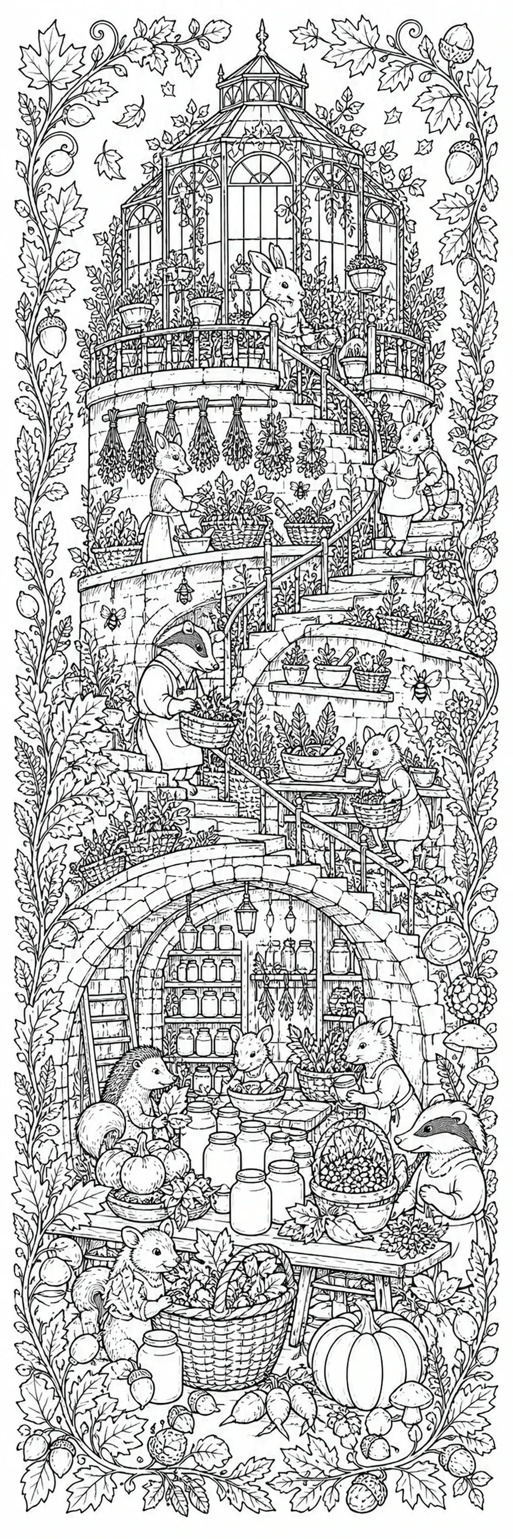 A black-and-white coloring page shows forest animals working in a tall greenhouse apothecary surrounded by herbs, bottles, pumpkins, and leaves.