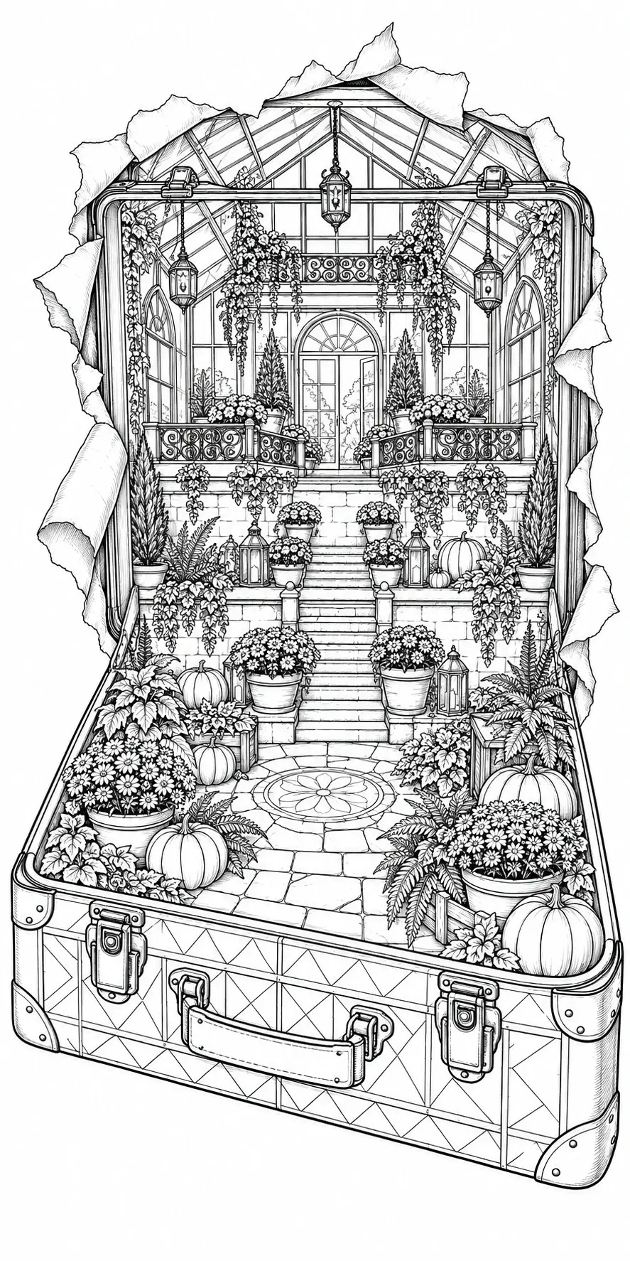 A black-and-white coloring page shows a greenhouse terrarium inside an open suitcase with stairs, lanterns, potted flowers, and pumpkins.