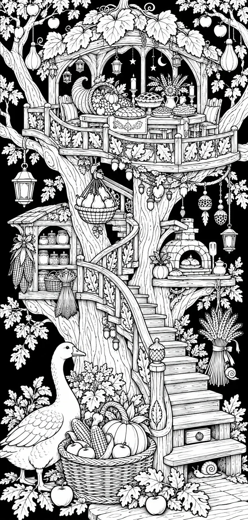 A detailed coloring page shows a leafy treehouse with harvest food, pumpkins, apples, lanterns, and a goose beside a basket of produce.