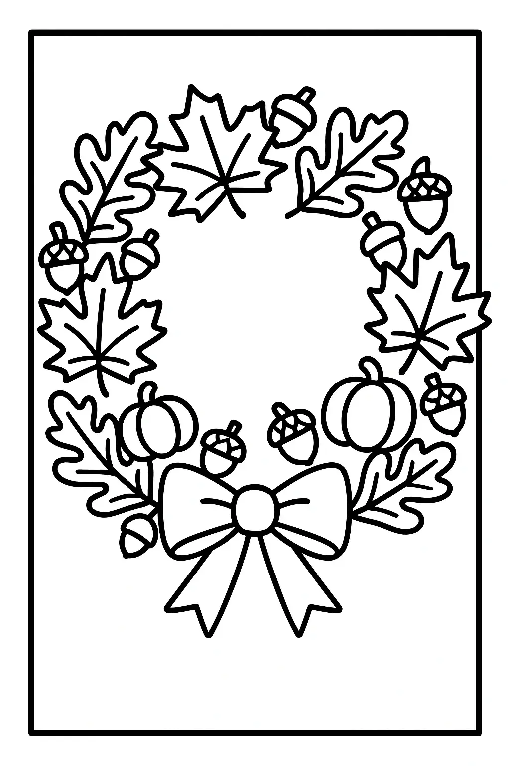 Coloring page of a wreath made of autumn leaves, acorns, and a bow.