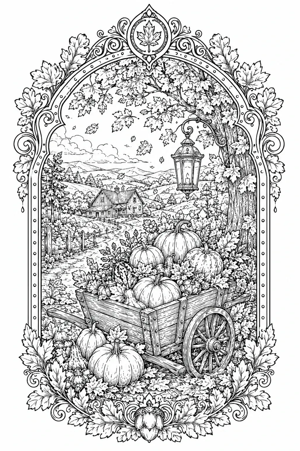 A black-and-white coloring page shows a pumpkin cart in an autumn farm landscape with a farmhouse, lantern, and ornate leaf frame.