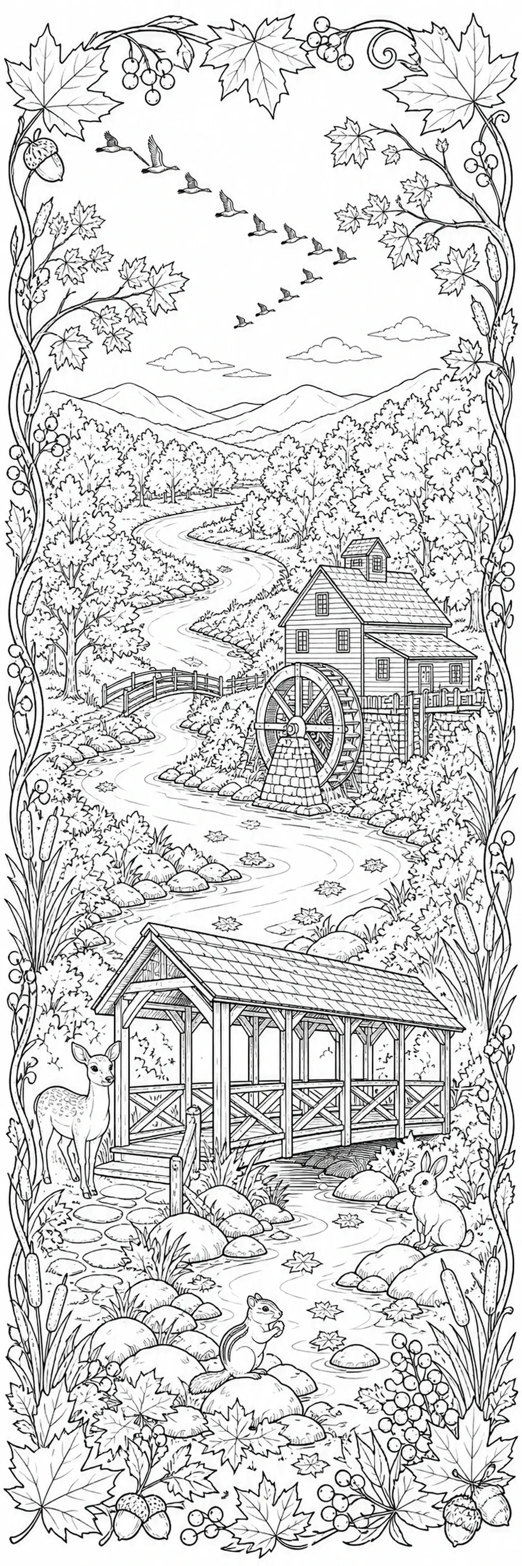A black-and-white coloring page of an autumn river landscape with a covered bridge, watermill, trees, birds, and forest animals.