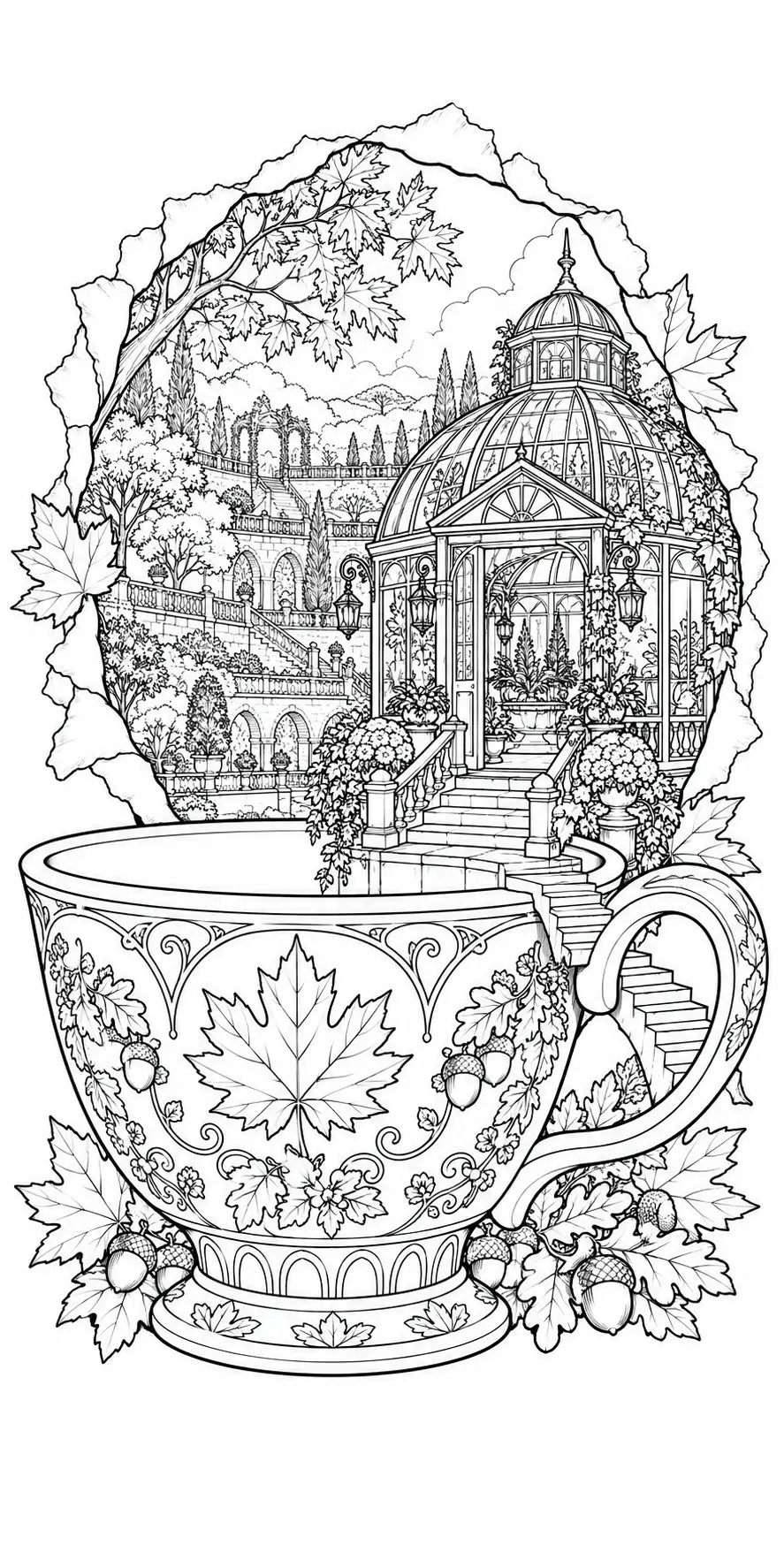 A black-and-white coloring page showing a decorative teacup filled with an autumn conservatory scene, maple leaves, and acorns.