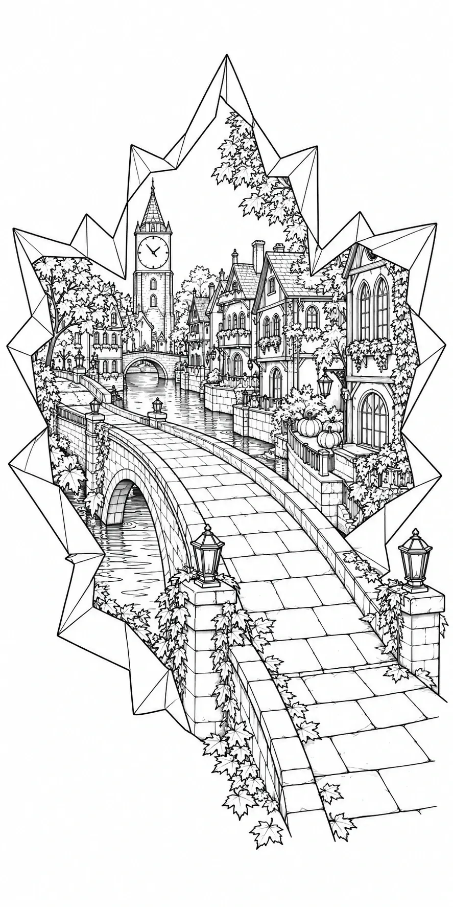 A black-and-white coloring page showing an autumn village canal scene with a bridge, clock tower, houses, and falling leaves.