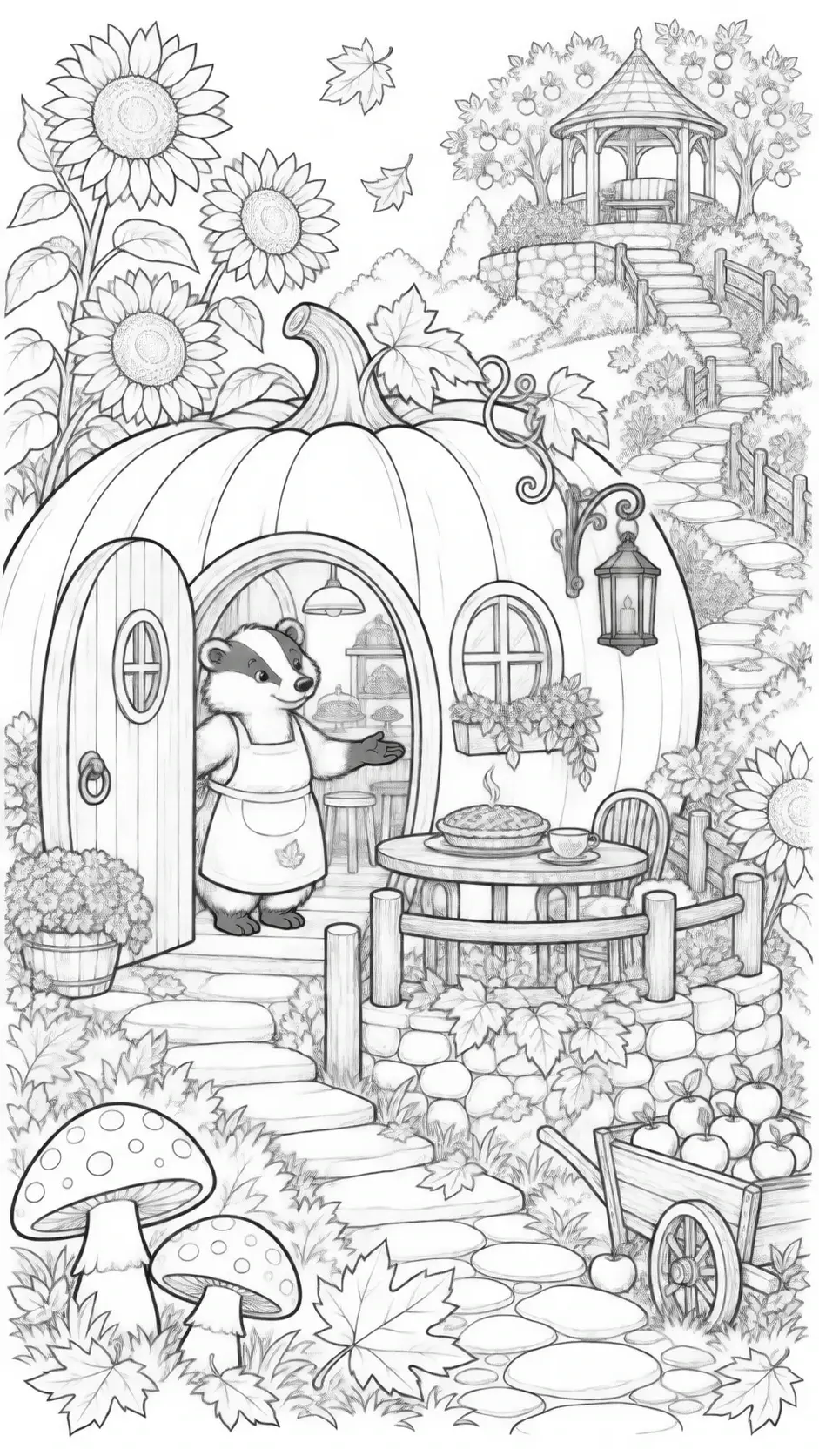 A badger in an apron stands in a pumpkin cafe coloring page with sunflowers, mushrooms, and a winding garden path.