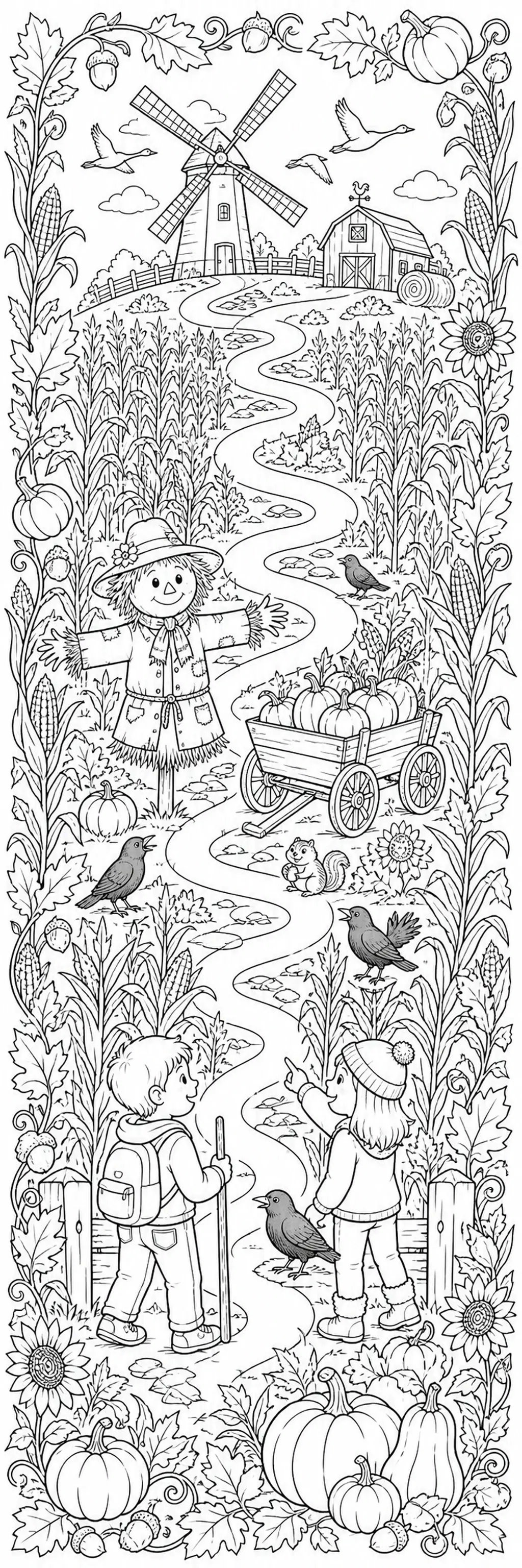 A black-and-white coloring page shows a fall farm maze with a scarecrow, pumpkins, corn, birds, a windmill, a barn, and two children.