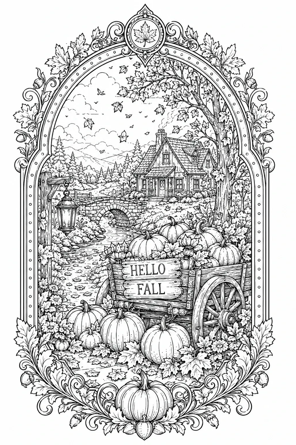 A coloring page shows an ornate autumn scene with pumpkins, a farmhouse, a bridge, and a wagon labeled Hello Fall.