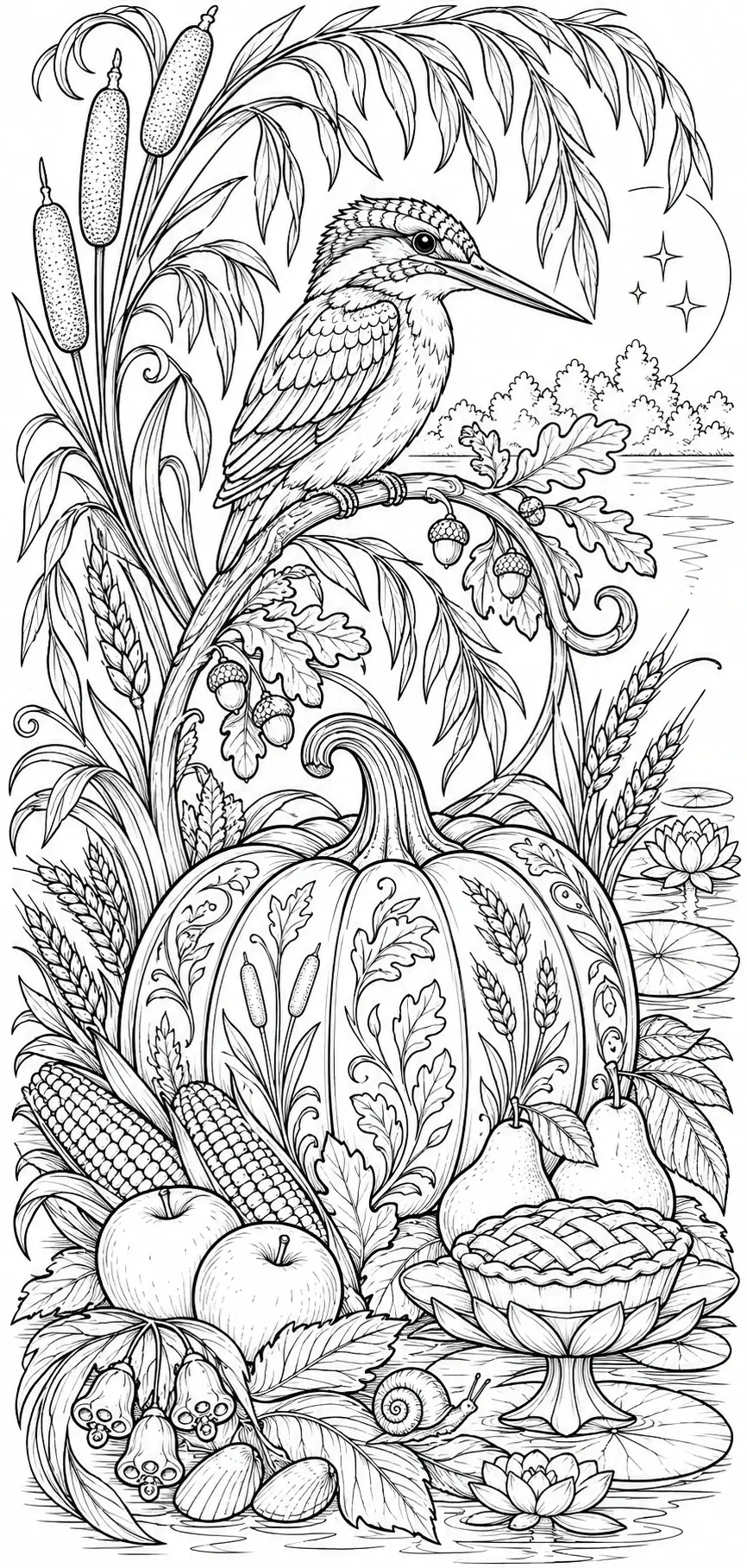 This detailed coloring page shows a long-beaked bird perched on a branch above a patterned pumpkin, with harvest fruit, pie, cattails, and pond plants.