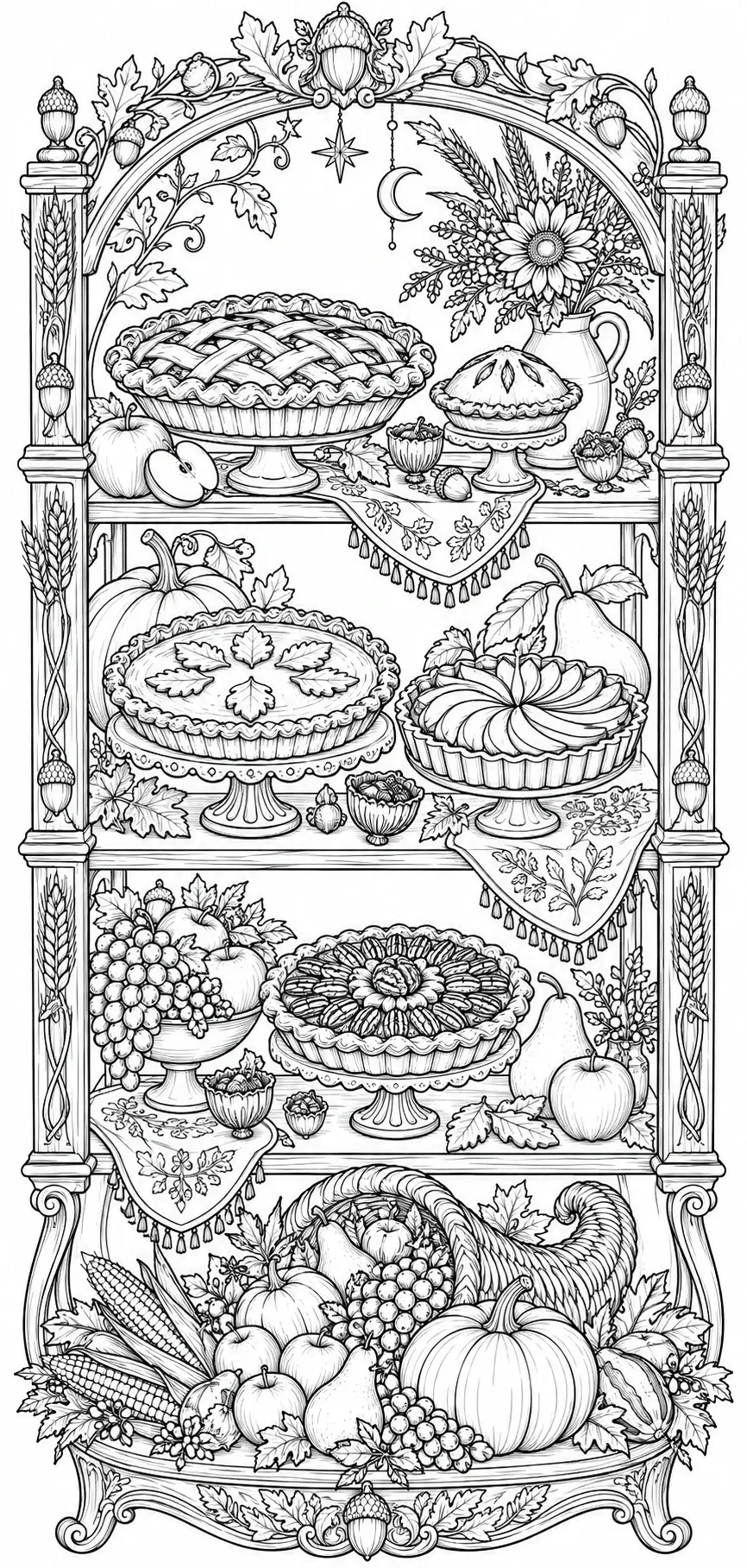 An ornate shelf displays several pies, pumpkins, corn, fruit, acorns, and autumn leaves in this detailed coloring page.