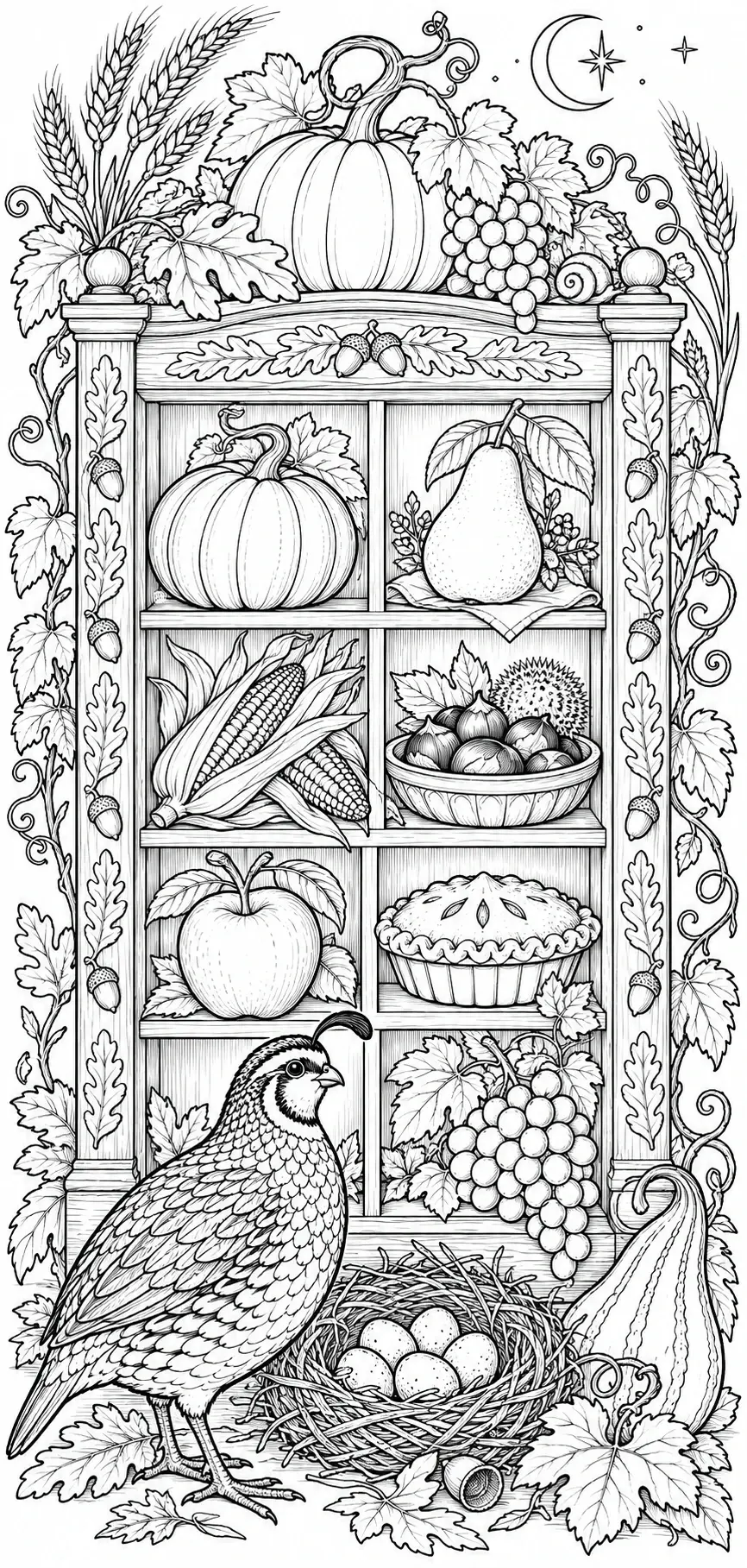 A detailed fall harvest coloring page shows a quail beside a nest of eggs, with pumpkins, grapes, corn, fruit, pie, and leafy vines on and around a wooden shelf.