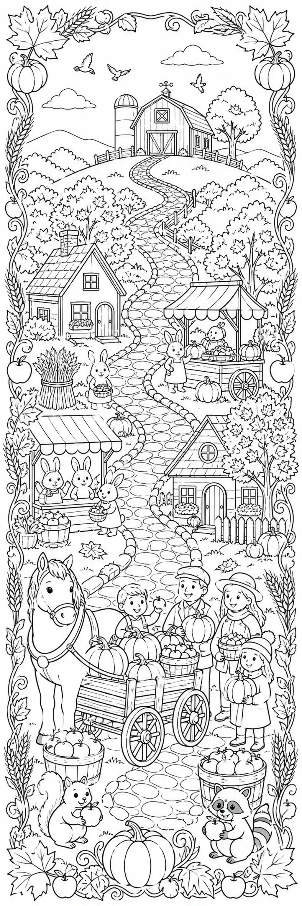 A black-and-white coloring page showing a fall farm path with pumpkins, rabbits, a horse, a wagon, and a harvest market scene.