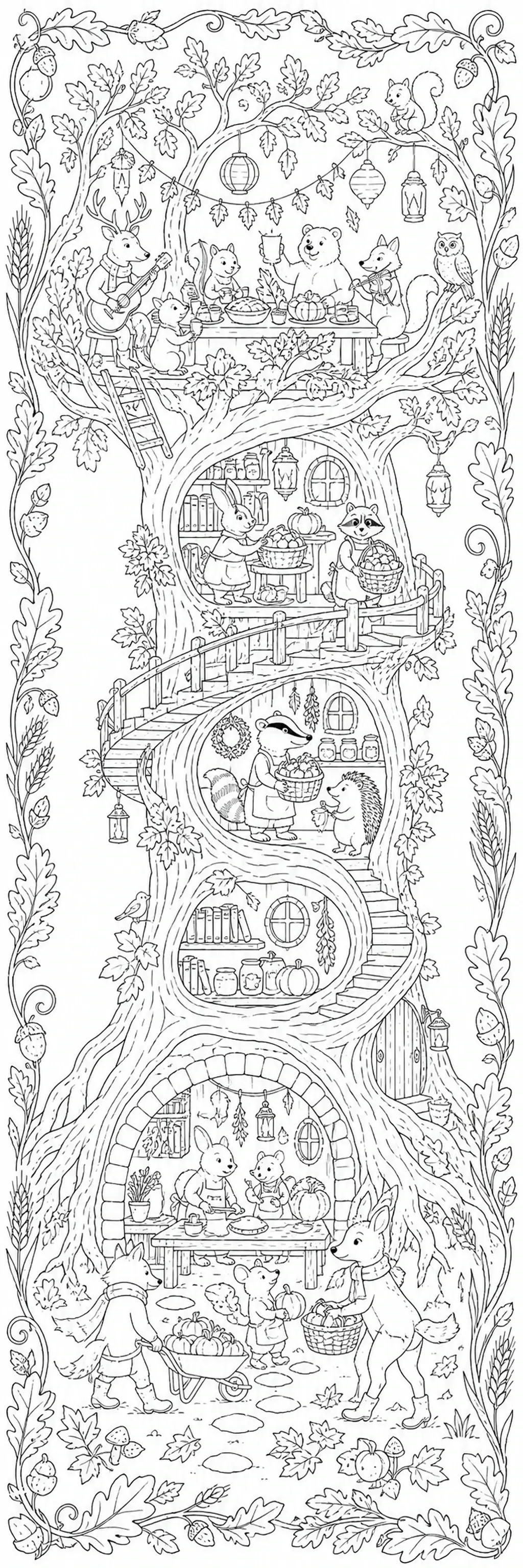 A black-and-white coloring page shows forest animals in stacked treehouses surrounded by autumn leaves, lanterns, and harvest baskets.
