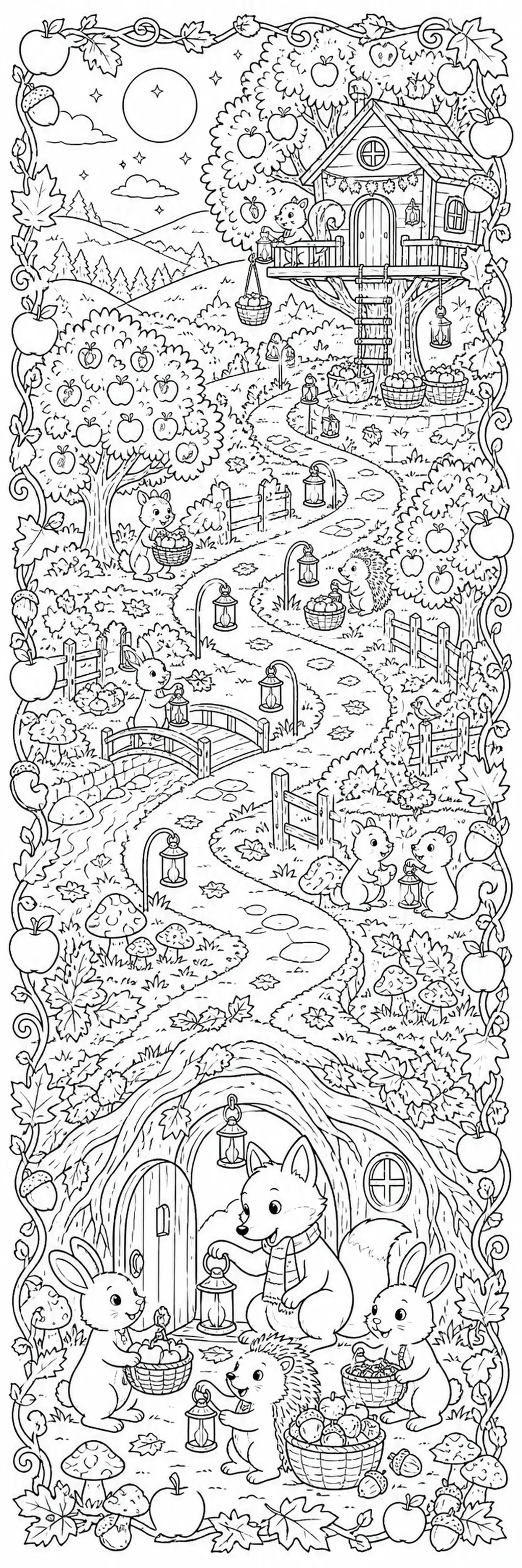 A black-and-white coloring page showing foxes, rabbits, and a hedgehog in an orchard with a treehouse, baskets, lanterns, and a winding path.