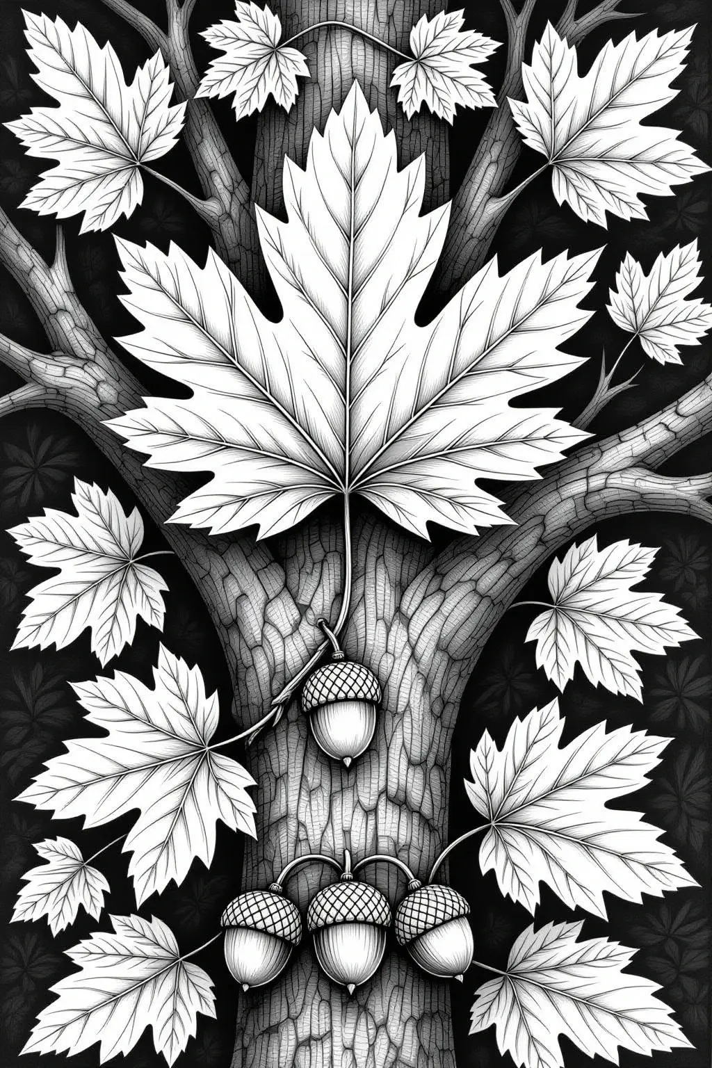 Black-and-white line art of an oak tree trunk with large leaves and acorns fall nature theme. Ideal as detailed coloring page or kids' coloring page; printable coloring page coloring sheets for