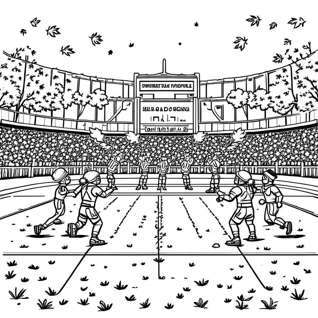 Black-and-white stadium scene coloring page showing people playing football, falling leaves, crowd in stands a detailed coloring page printable coloring page for kids' coloring page and coloring