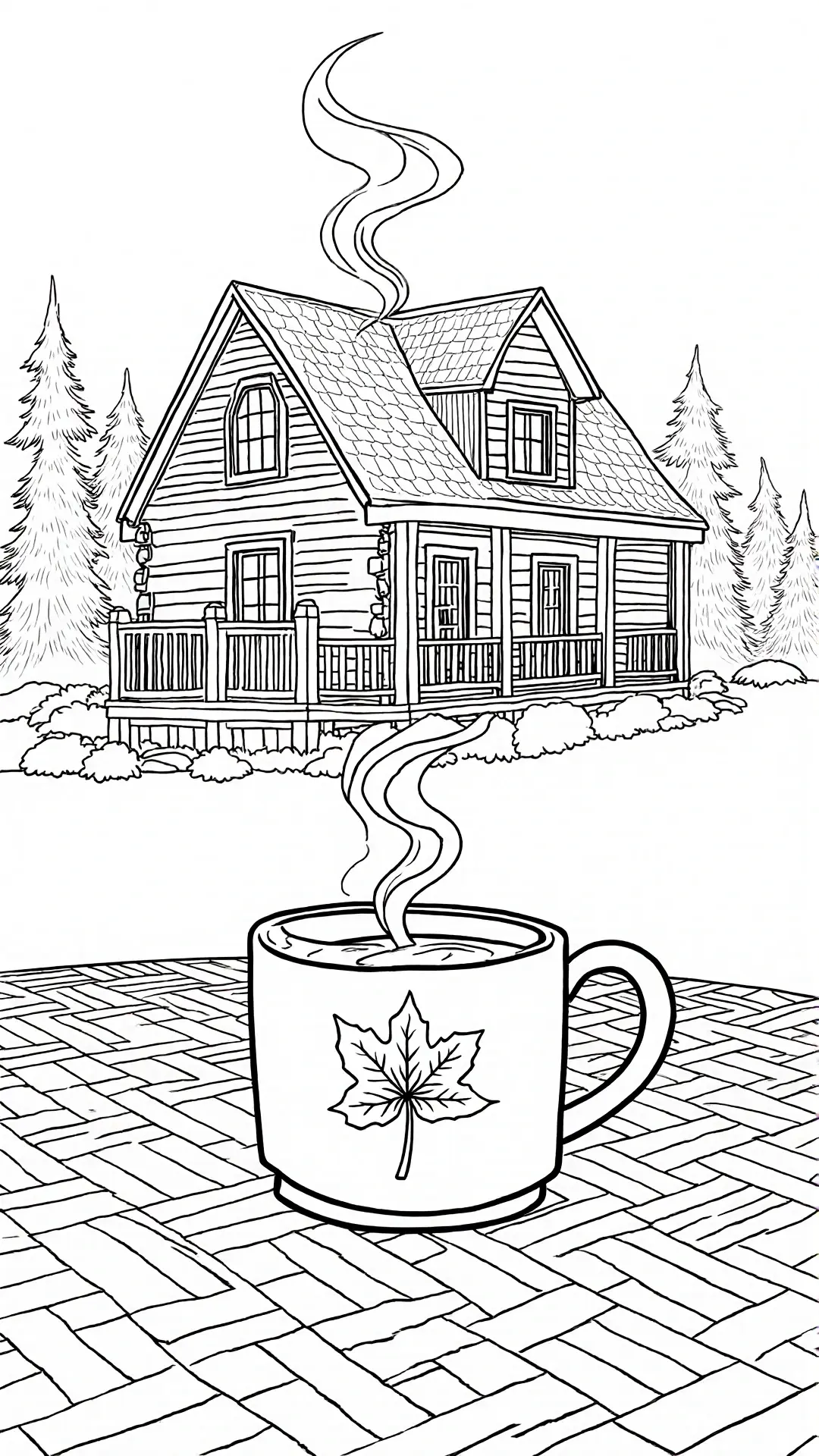 Black-and-white cozy cabin coloring page with pine trees and a steaming mug on a table detailed coloring page, kids' coloring page, printable coloring page and coloring sheets featuring a fall cabin