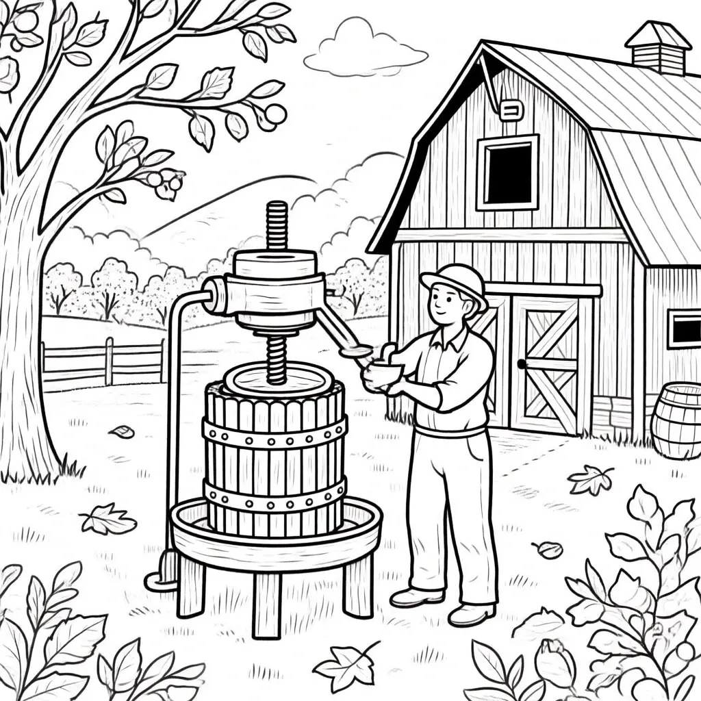Black-and-white farm coloring page showing a barn, an apple press and a person operating it in an outdoor fall scene detailed coloring page, kids' coloring page, printable coloring page, coloring