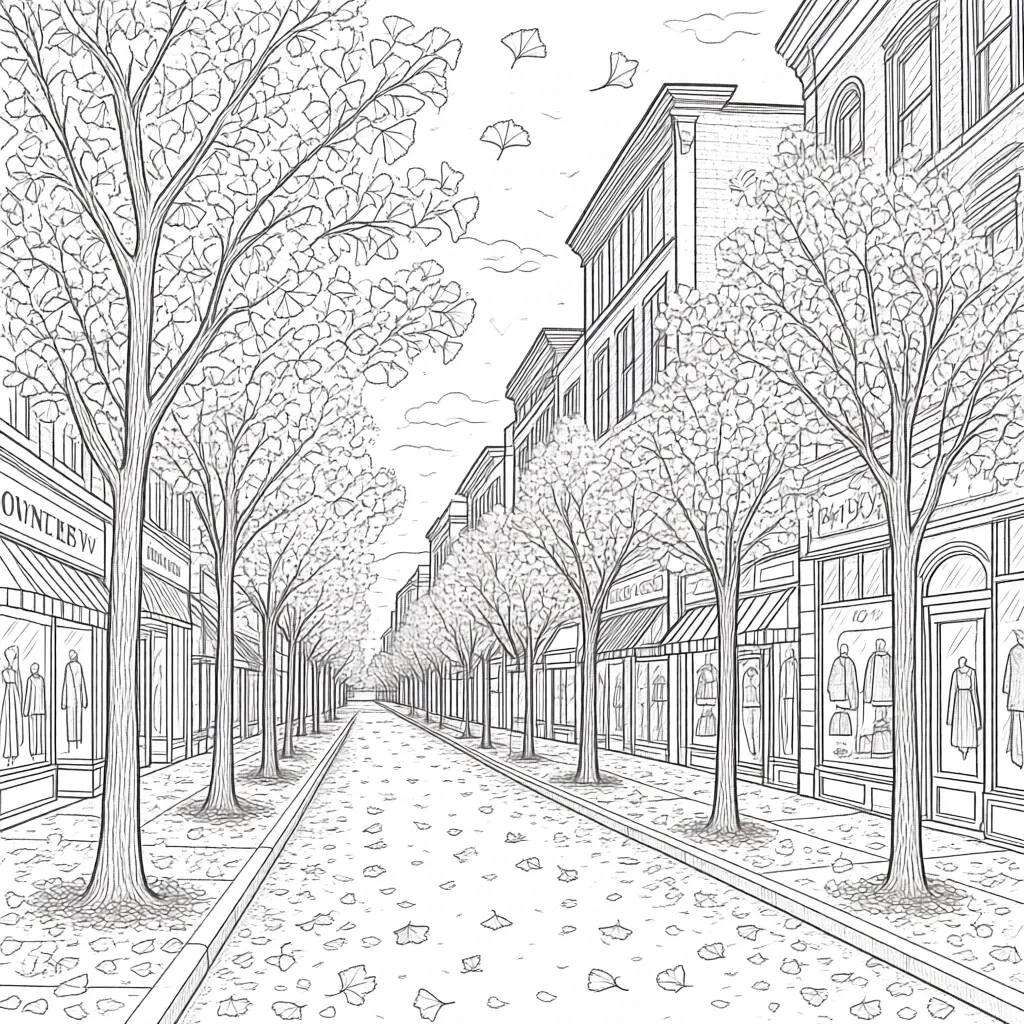 Black-and-white line art of a tree-lined city street with storefronts and fallen leaves detailed coloring page ideal for kids' coloring page, printable coloring page, and coloring sheets in a fall