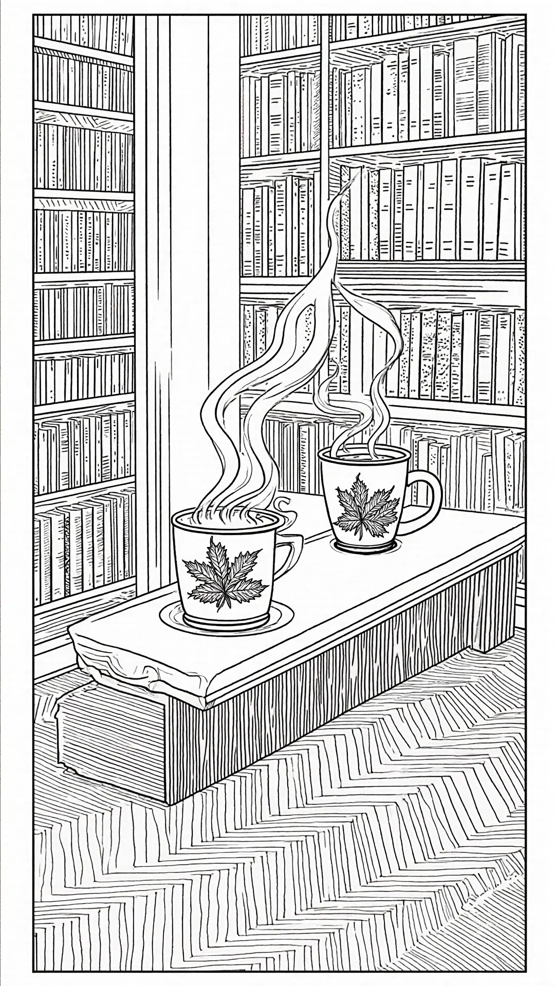 Black-and-white line art of a cozy library scene with bookshelves, two steaming mugs with leaf designs on a bench detailed coloring page, kids' coloring page, printable coloring page, coloring sheets.