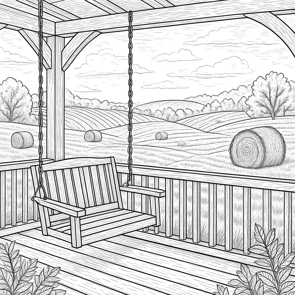 Black-and-white line art of a porch swing overlooking rolling fields with hay bales and trees a detailed coloring page perfect for kids' coloring page, detailed coloring page, printable coloring page.