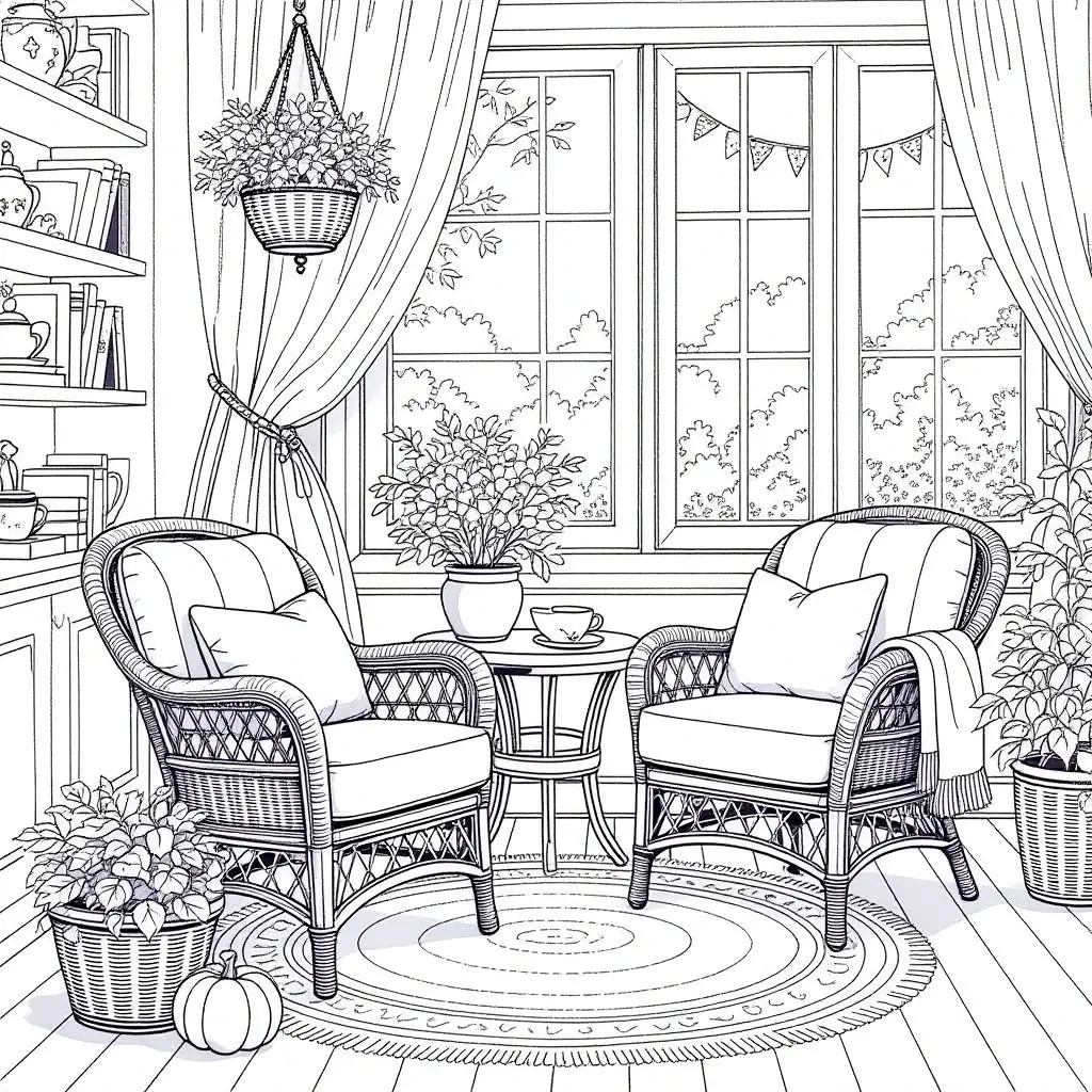 Black-and-white cozy sunroom coloring page with two wicker chairs, plants, rug and pumpkin detailed coloring page, kids' coloring page, printable coloring page and coloring sheets for fall and cozy