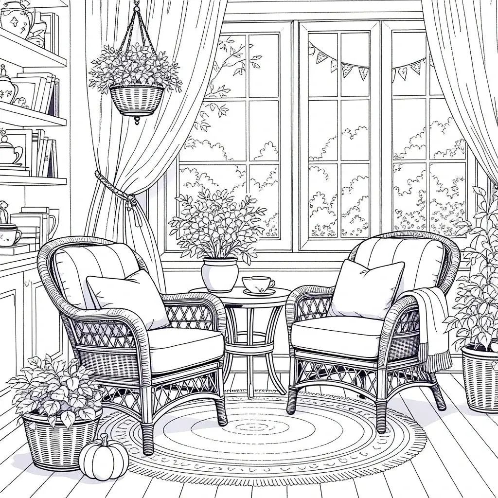 Black-and-white cozy sunroom line art for printable coloring page: two wicker chairs, round rug, potted plants, hanging basket and a pumpkin perfect detailed coloring page, kids' coloring page and
