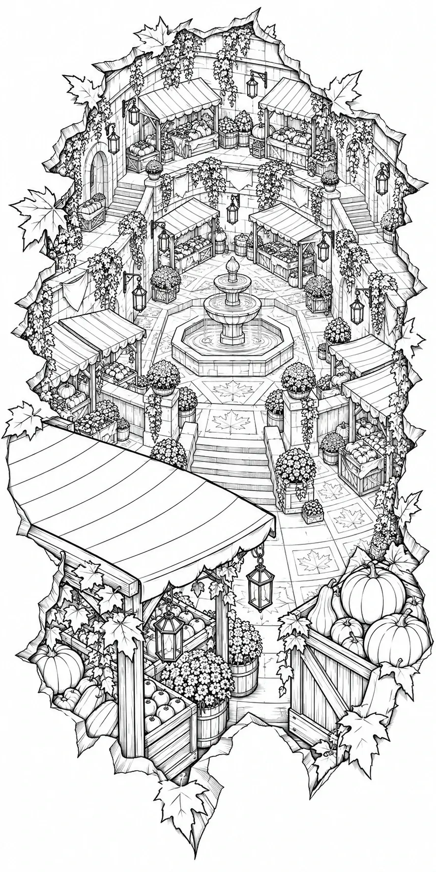 A harvest market coloring page shows pumpkins, produce stalls, hanging lanterns, a central fountain, and fall leaves in black-and-white.