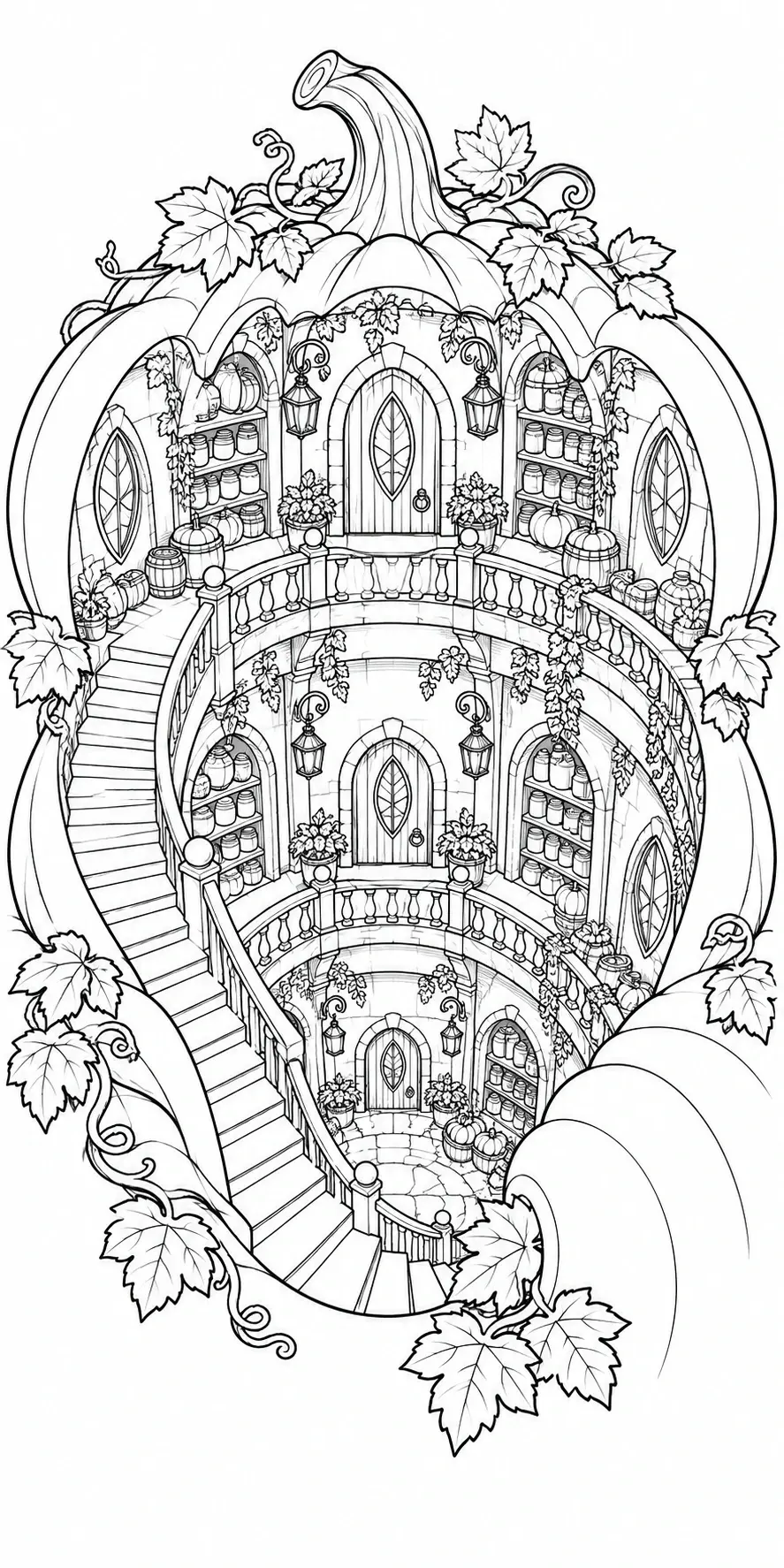 A detailed black-and-white coloring page of a pumpkin house with stairways, arched doors, lanterns, shelves, and autumn leaves.