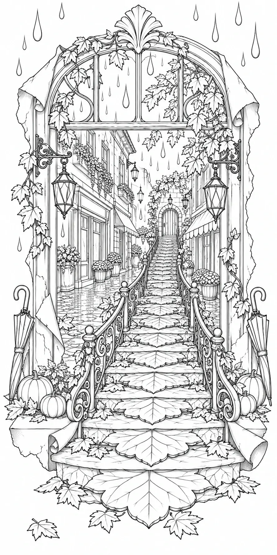 An intricate coloring page shows a rainy autumn stairway entrance with falling leaves, pumpkins, lanterns, and umbrellas.