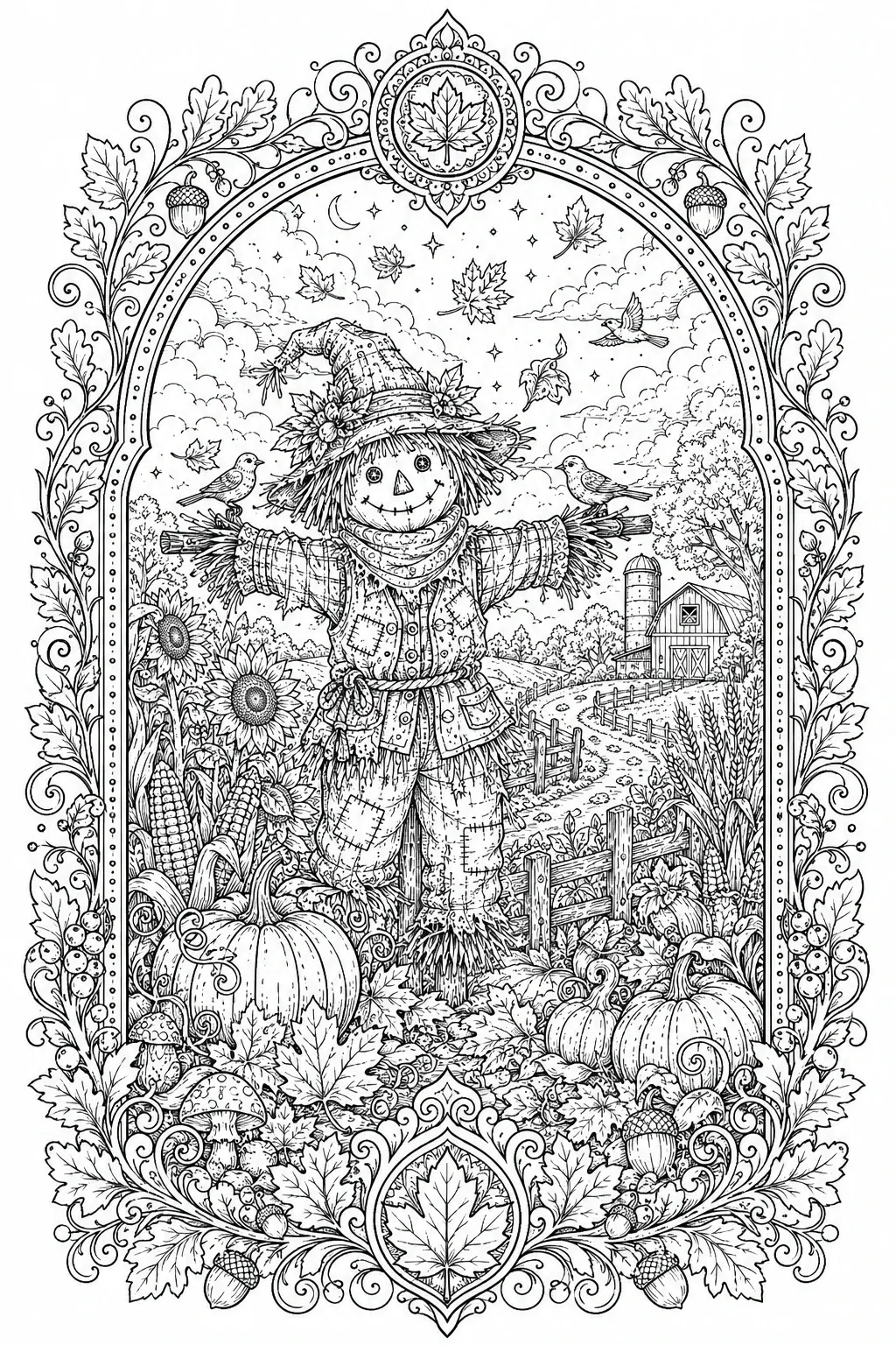 A detailed coloring page shows a scarecrow in a pumpkin patch with birds, sunflowers, and an ornate autumn frame.
