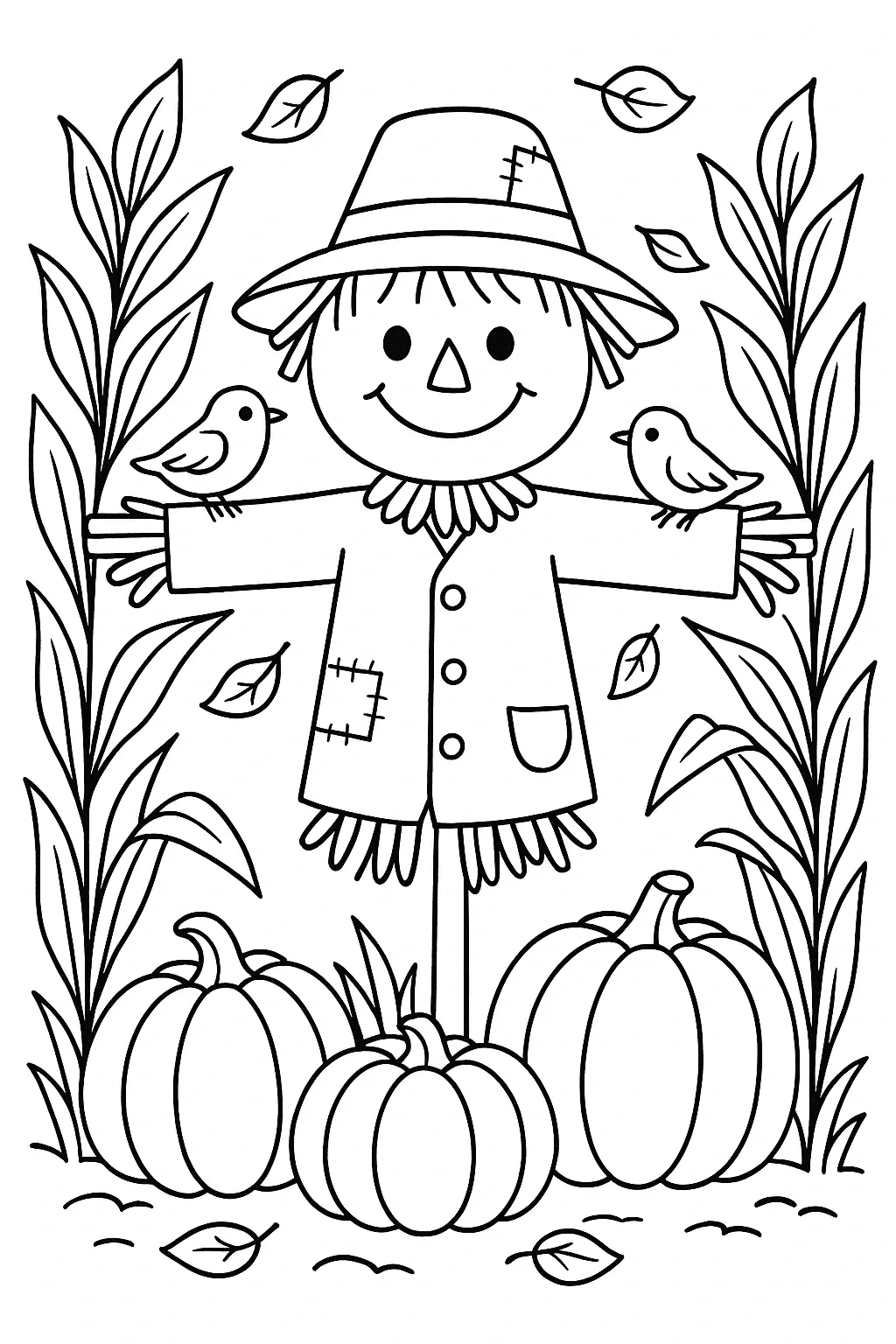 Black and white coloring page of cute scarecrow standing in a pumpkin patch with two birds, corn stalks, leaves, and pumpkins