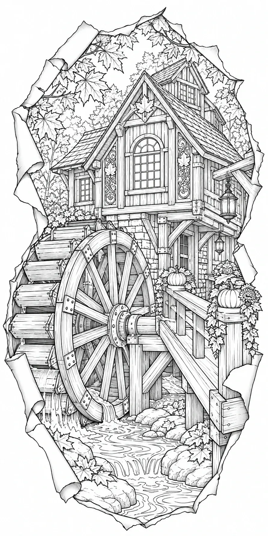 A detailed coloring page of a rustic watermill with a large wooden wheel, maple leaves, pumpkins, and a stream framed by torn paper.