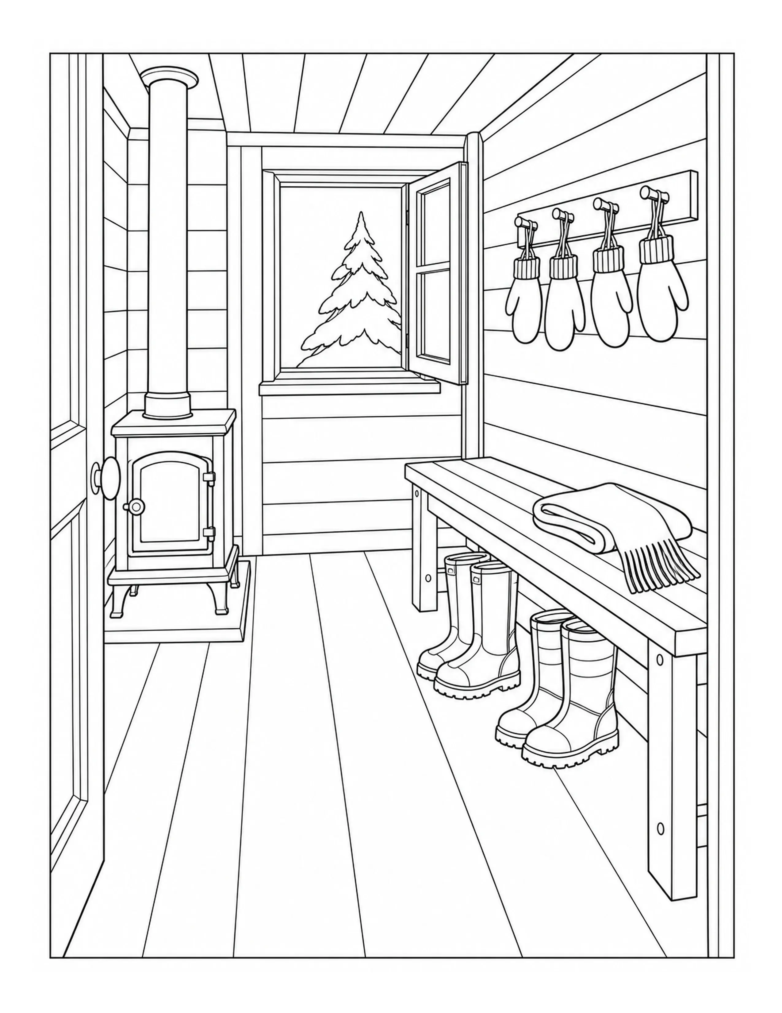 A detailed coloring page shows a cabin entryway with a wood stove, hanging mittens, boots under a bench, a scarf, and an evergreen tree outside the open window.