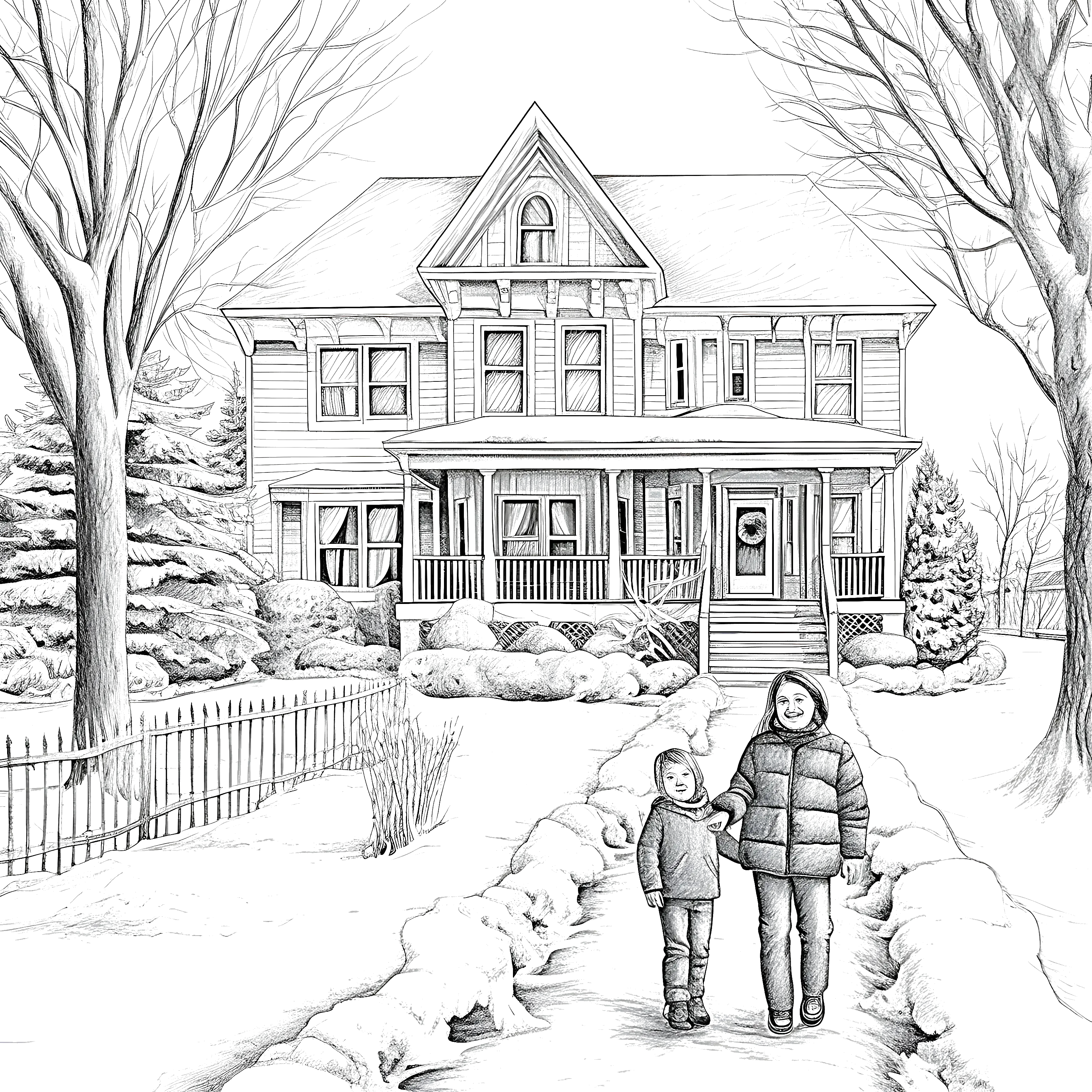 A detailed winter coloring page showing a large house covered in snow with two people walking on a snowy path in front of it.