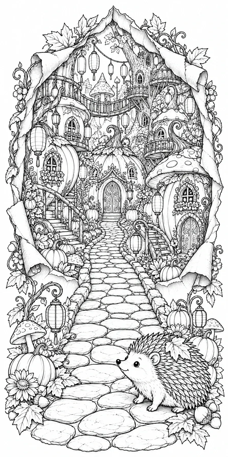 A hedgehog stands on a cobblestone path in a black-and-white coloring page with pumpkin houses, lanterns, mushrooms, and leaves.