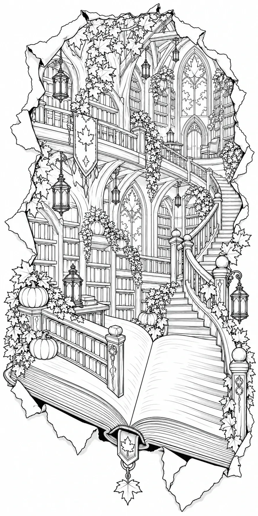 A detailed coloring page showing an autumn library scene with an open book, winding stairs, lanterns, pumpkins, and fall leaves.