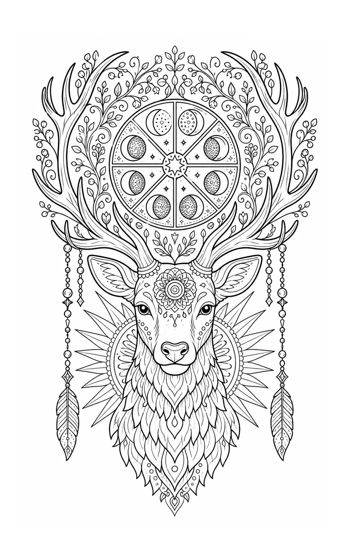 A celestial stag coloring page with large antlers, a moon wheel, floral vines, and hanging feathers.