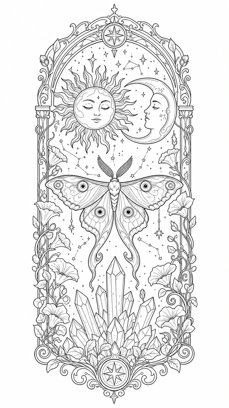 A detailed coloring page shows a sun, moon, moth, stars, flowers, and crystals in an ornate frame.