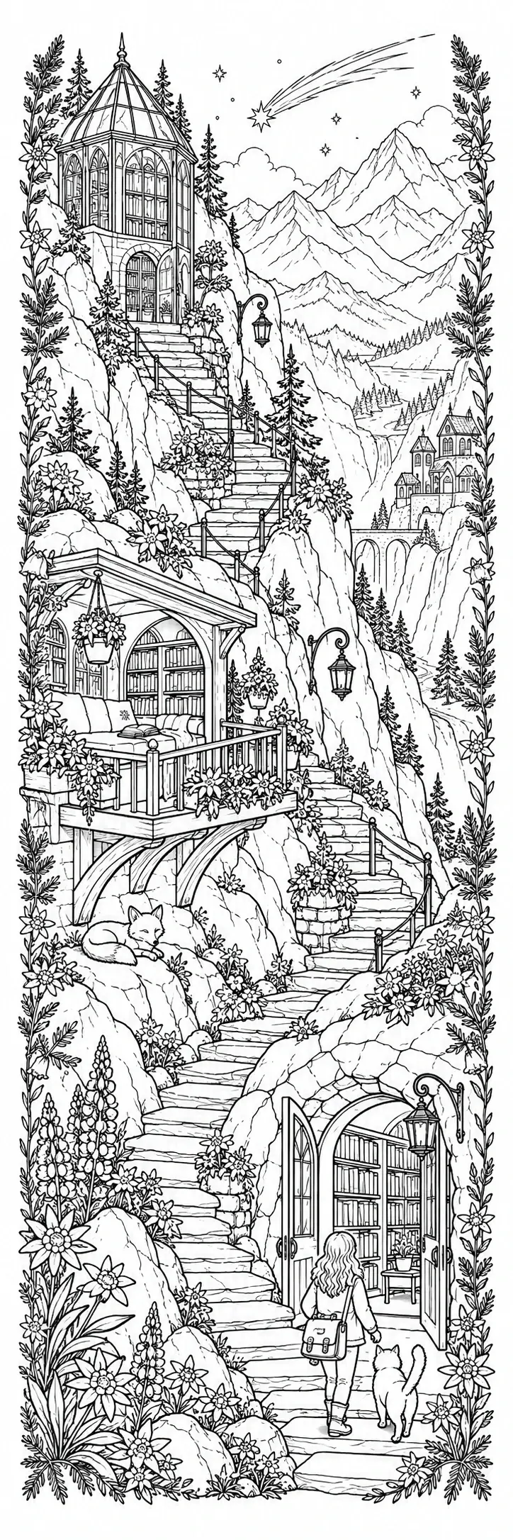 A detailed coloring page shows a cliffside library with winding stairs, mountain peaks, flowers, a girl, and a cat.