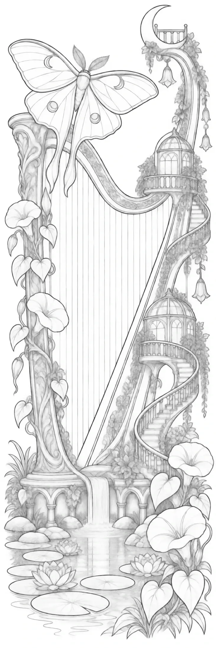 A decorative harp coloring page with flowers, hanging lanterns, lily pads, and a moon-shaped top detail.