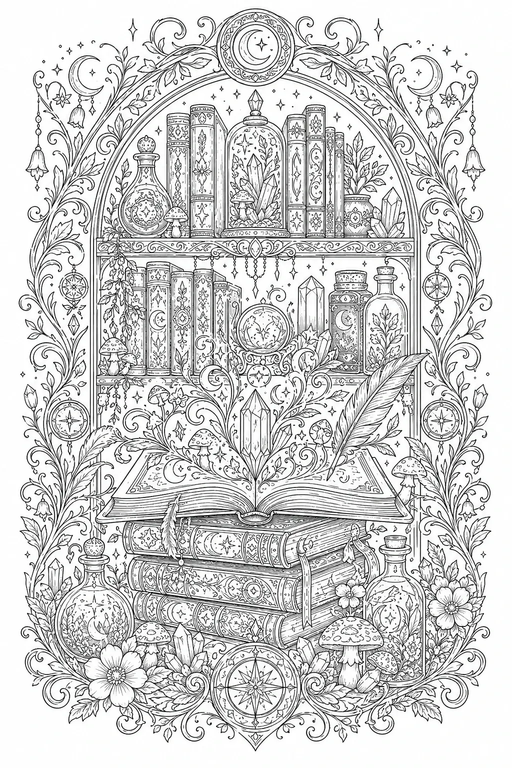 Intricate black and white coloring page of an enchanted bookshelf with magic books, crystals, potion bottles, mushrooms, flowers, stars, and crescent moon ornaments framed by ornate vines.