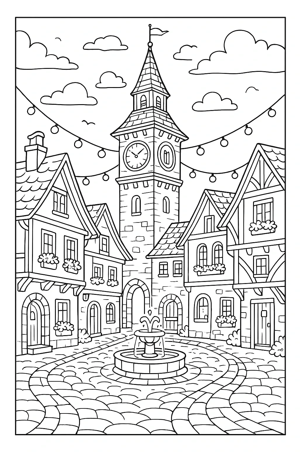 Black and white coloring page of an enchanted town square with a tall clocktower, village houses, a fountain, cobblestone streets, and clouds overhead.