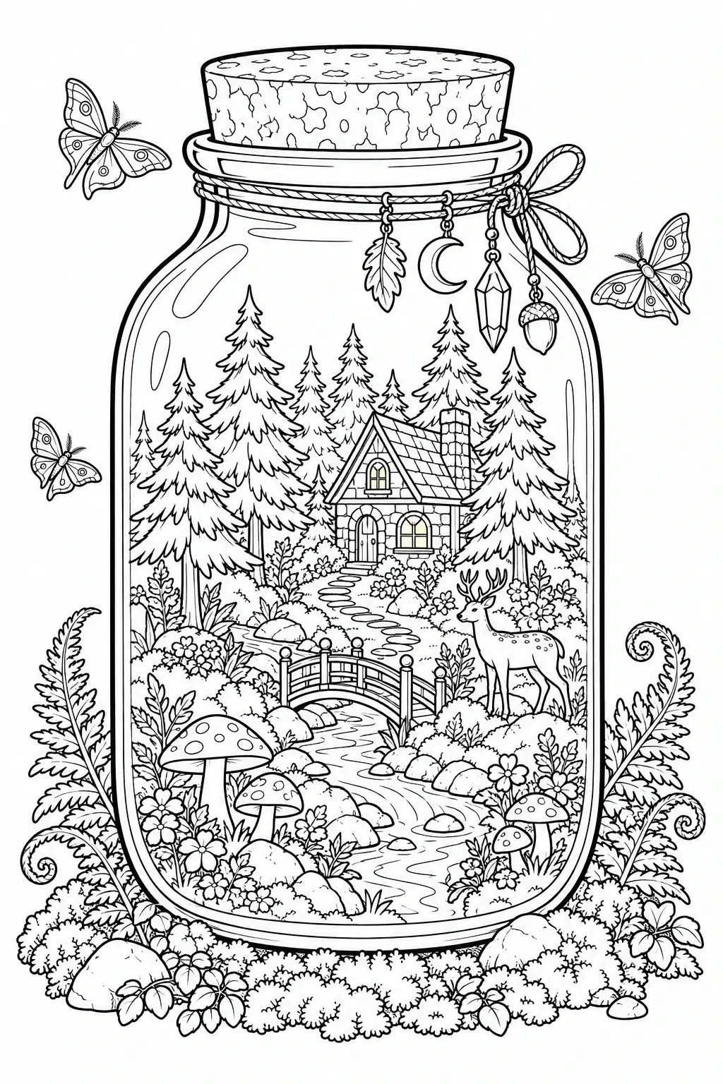 This detailed coloring page shows a woodland cottage, a deer, butterflies, mushrooms, and a winding stream inside a glass jar.