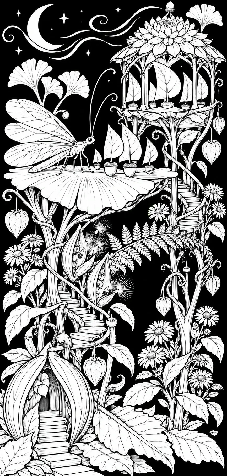 A detailed coloring page shows a dragonfly beside leafy fairy houses, winding stairs, flowers, a crescent moon, and stars.