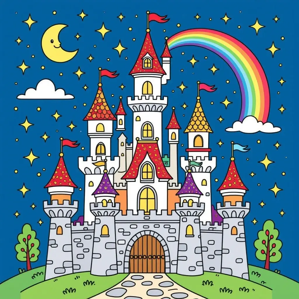 Whimsical fairy-tale castle with rainbow, moon, and stars on a deep blue sky ideal as kids' coloring page or detailed coloring page; printable coloring page coloring sheets for fun spring and summer